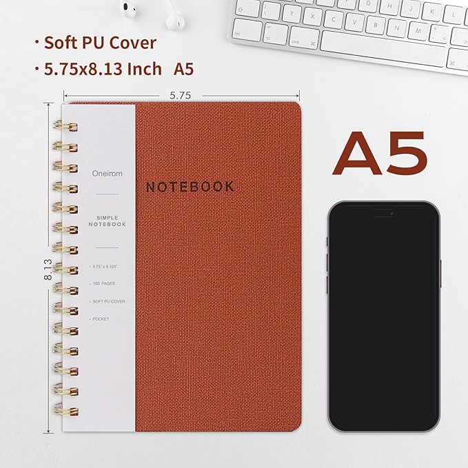 Spiral Notebook-5.75" x 8.125" College Ruled Journal with Inner Pockets and 160 Pages,PU Leather Cover Business Journal, Twin-Wire Binding Notebook Perfect for Office & Home School Supplies Brown