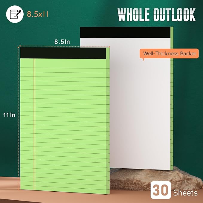 3 Pack Colored Legal Pads 8.5 x 11 Wide Ruled Note Pads, Green Notepads Writing Pads 30 Sheets/Pad, Perforated Lined Paper Note Pad 8.5 x 11 of Paper Notebook To-Do List for School & Office Supplies