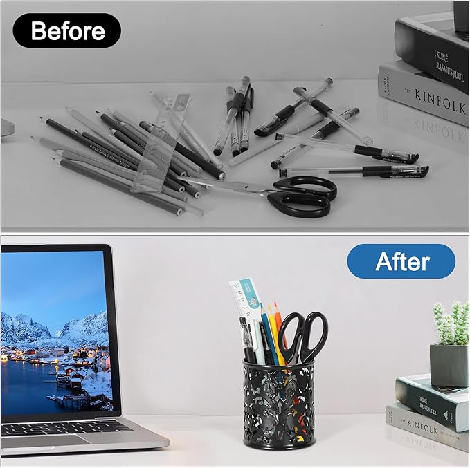 EasyPAG Black Pen Holder for Desk, 2 Pack Round Pen Organizer, Brush Holder for Vanity, Metal Pencil Cup Organizer for Home, Office, Classroom, School