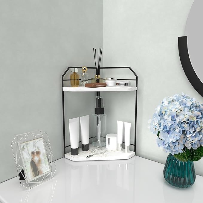 INIUNIK Corner Bathroom Counter Organizer - 2 Tier Wood Vanity Counter Shelf Perfume Skincare Holder, Countertop Corner Shelf Organizer for Bathroom, Kitchen, Rustic White