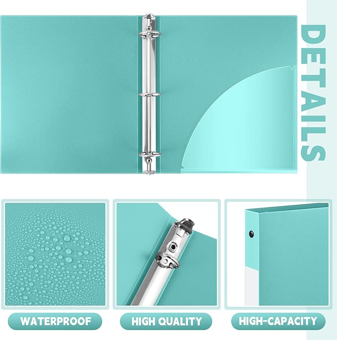 Henoyso 48 Pcs 3 Ring Binder 0.5 Inch Round Fits Letter Size 8.5'' x 11'' Paper Plastic Flexible Binder Bulk Holds 140 Sheets with 1 Pockets Versatile Organizer for Home Office School (Mint Green)