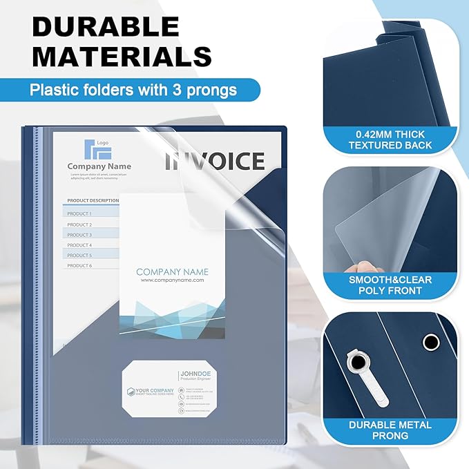 Teling 24 Pcs Clear Front Report Covers with 3 Prongs, Plastic Navy Blue Presentation Folders Bulk with 3 Pockets for A4 and Letter Size Paper, 90 Sheet Capacity, Document Covers for School Business