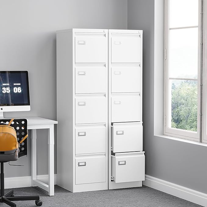 BYNSOE 5 Drawer File Cabinet with Lock Metal Vertical File Cabinet Office Home Vertical File Cabinet for A4 Legal/Letter Size Narrow File Cabinet Locked,Assembly Required (White, 5 Drawers-Vertical)