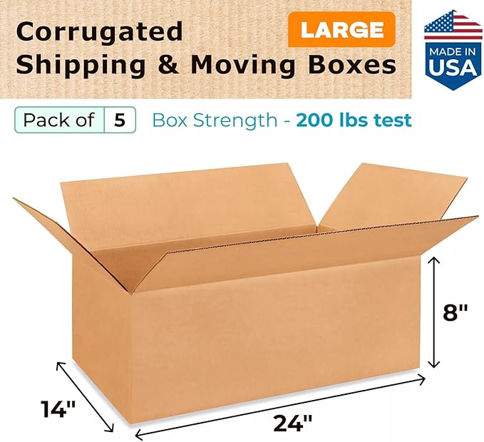 Large Shipping & Moving Boxes 24 x 14 x 8 inches (5-Pack) - Extra Strength 200 lb vs Regular - Corrugated Large Boxes for Moving - Heavy Duty Packing Box - Carton Box by IDL Packaging