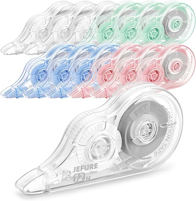 JEFURE 12 Pcs Colorful Core Correction Tape, 39.37 Ft White Wrong Out Tear-Resistant Bulk, Instant Corrections Easy to Use Applicator for School, Office, Note Taking, Journal (Tape Width 0.2 in)
