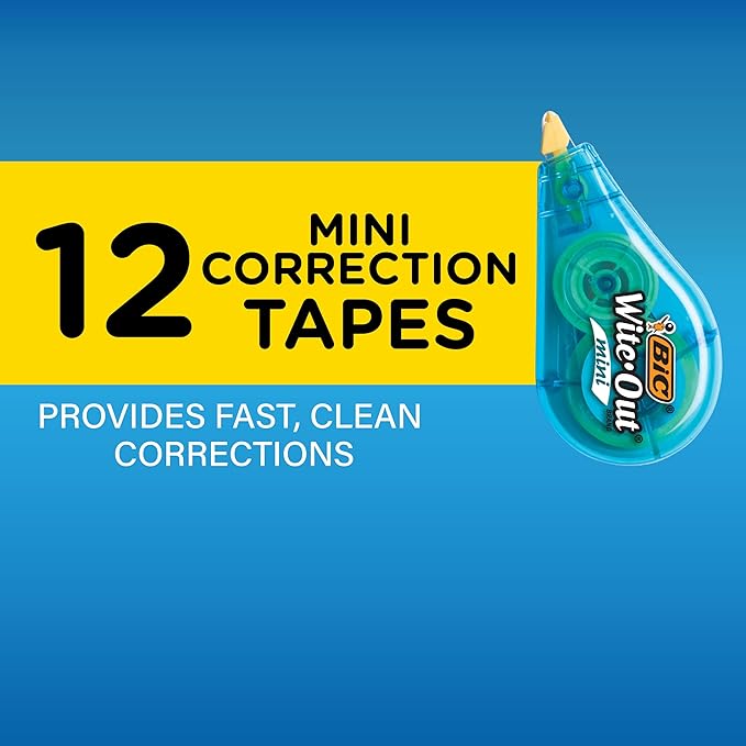 BIC Wite-Out Brand Mini Correction Tape, 16.4 Feet, 12-Count Pack of White Correction Tape, Compact Tape Office or School Supplies