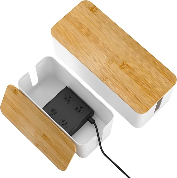 YECAYE 2 Pack Cable Management Box, Wooden Lid & Plastic Body, Medium and Small Cord Organizer Box – Power Strip Cord Organizer, Cable Hider for Home & Office– Baby Proofing