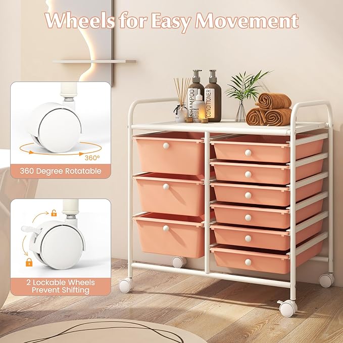 LDAILY 9 Drawer Rolling Storage Cart, Rolling Cart with Drawers for Classroom, Art Supply Craft Organizer on Wheel with Metal Frame & Handles for Home Office School