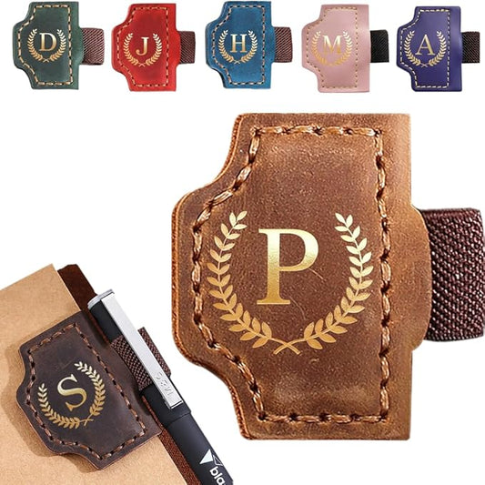 Personalized Bygone Mark Bookmark with Pen Holder, Leather Magnetic Bookmark 26 Letters,Gifts for Book Lovers, Readers, Leather Book Marks for Men Women (Brown, P)