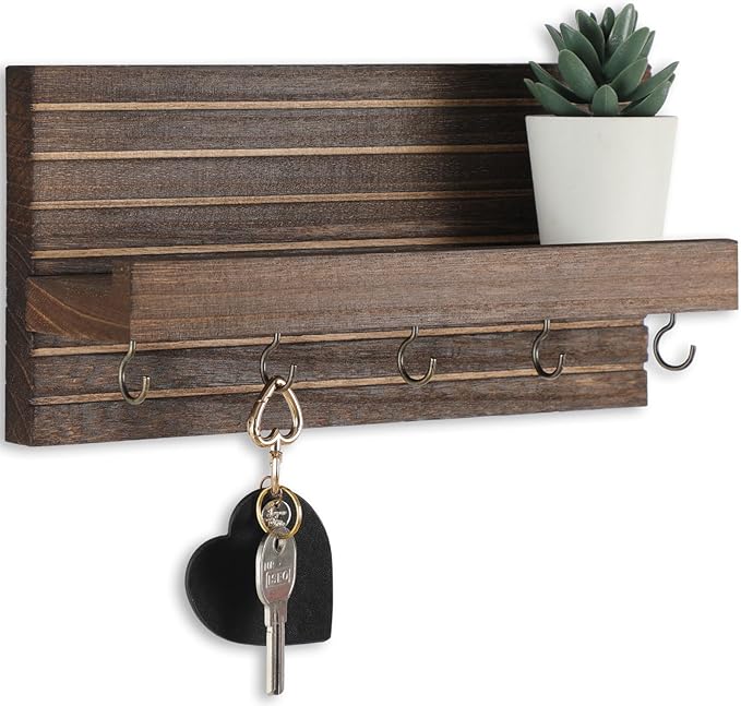Lwenki Decorative Key Holder for Wall with Shelf, Entryway Shelf with Hooks Holds Leashes, Jackets and Glasses – Sturdy Wood Keyholder Entrance Hanger with Mounting Hardware (Brown, Medium)