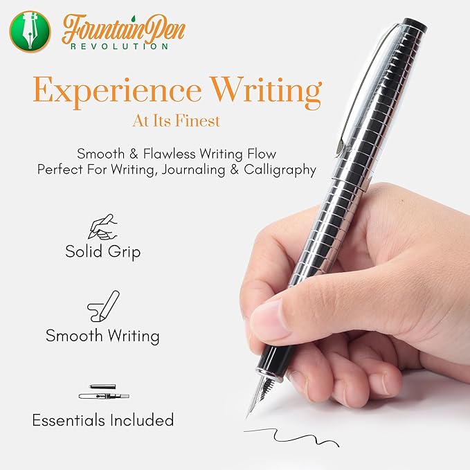 FPR Ambassador Ultra Flex Nib Fountain Pen Set, Chiseled Chrome - Refillable Pen w/Cartridges & Converter - Calligraphy Pens for Writing, Journaling & Gifting - Luxury Pens For Smooth Strokes