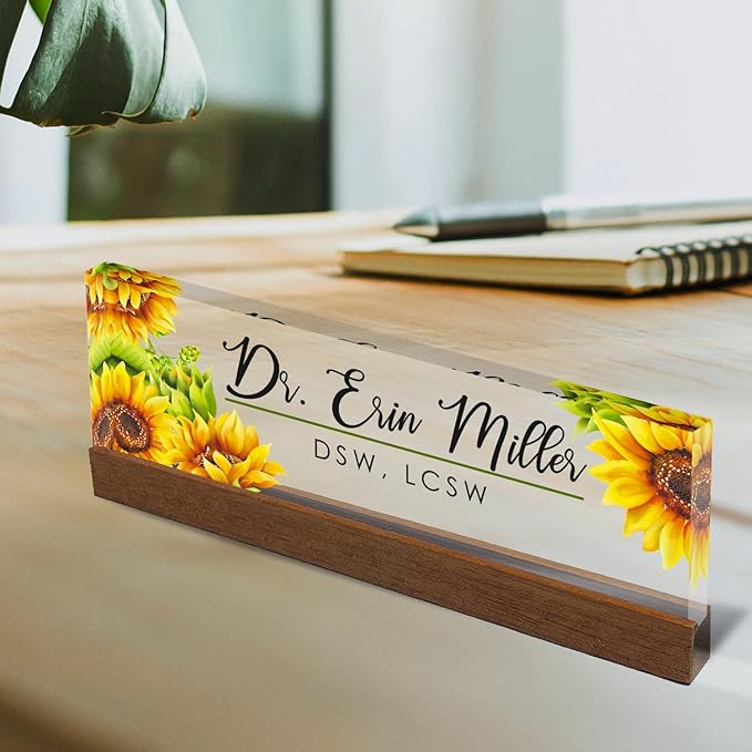 Artblox Personalized Office Desk Name Plate and Business Card Holder | Clear Acrylic Glass with Teak Wood Stand | Sunflowers Design Customized with Your Name and Credentials Office Desk Decor