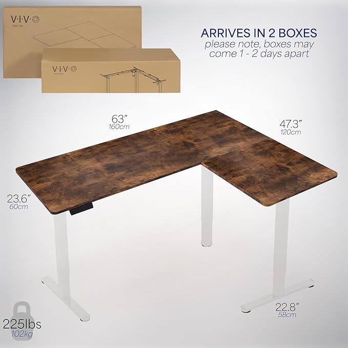 VIVO Electric Corner 63 x 47 inch L-Shaped Standing Desk, Memory Height Adjustment, Rustic Vintage Brown Top White Frame, DESK-E3CTWN-47