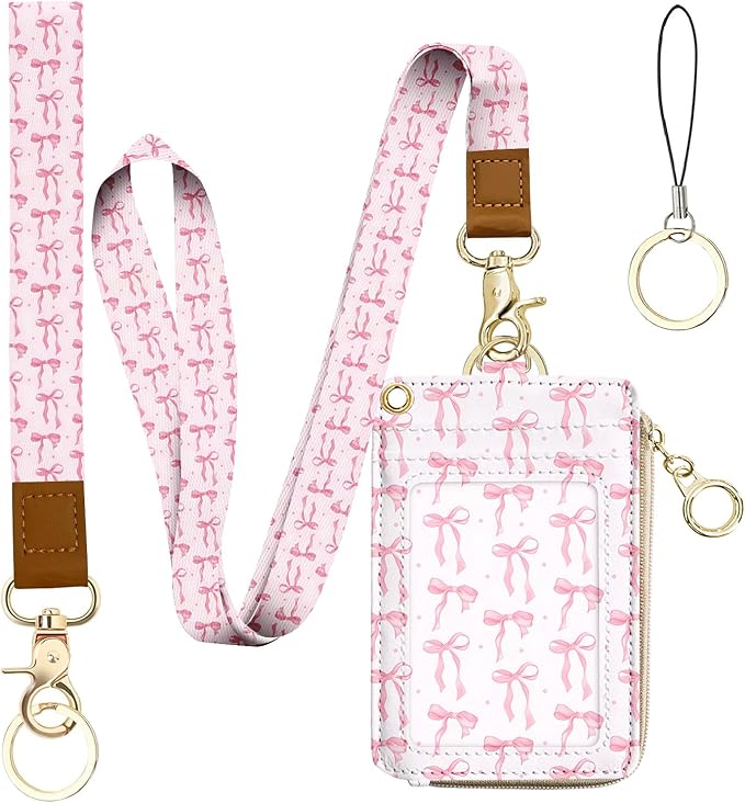 bolimoss Cute Pink Bow Lanyard Wallet, 2-in-1 ID Badge Holder & Leather Credit Card Holders, Women Zippered Coin Pouch with Removable Wristlet & Neck Lanyard, Clear Window, 5 Card Slots, Ring Keychain