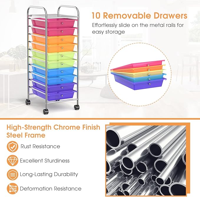 GLACER 10 Drawers Rolling Cart, Storage Cart with w/Removable Drawers & Steel Frame, Utility Mobile Trolley w/Universal Casters & 2 Brakes, Organizer Cart for Home, School, Office (Rainbow)