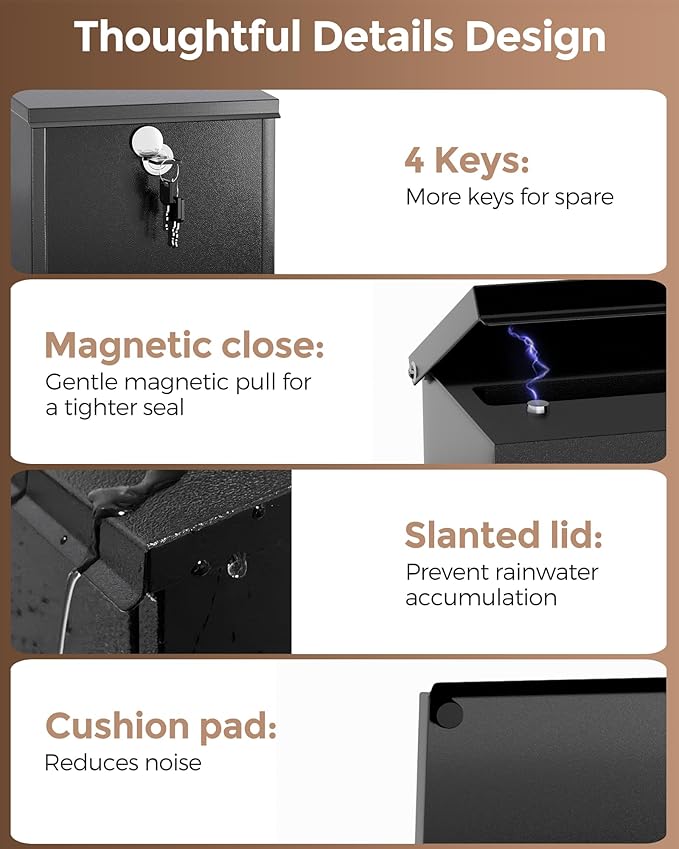LAND·VOI Locking Wall-Mount Mailbox for Outside, with 4 Keys, Galvanized Steel Rustproof Metal Postbox, 3.1" Dx7.5 Wx10.8 H, Includes 3 Sets of Mailbox Numbers, Nameplate, Black, AMB32B