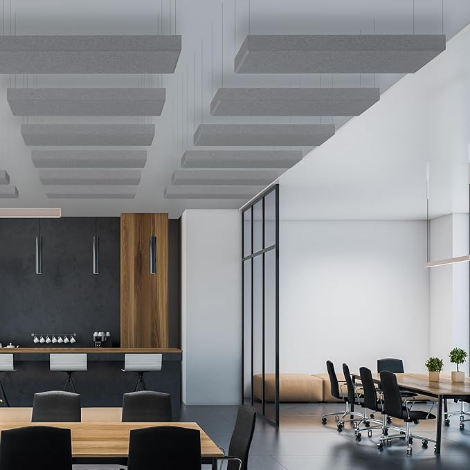2” Thick Acoustic Panels with Hanging Brackets to the Wall, 2 PCS 47.2” x 11.8” Fiberglass Sound Absorbing Panels for Home Theater Church Office Wall or Ceiling, Light Grey