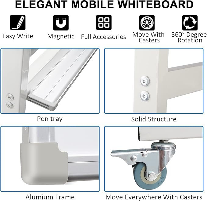 Max-officoo 40" x 28" Mobile Dry Erase Whiteboard Double-Sided White Boards on Wheels Flip-Over Magnetic Rolling Whiteboard with Stand, Aluminium Frame