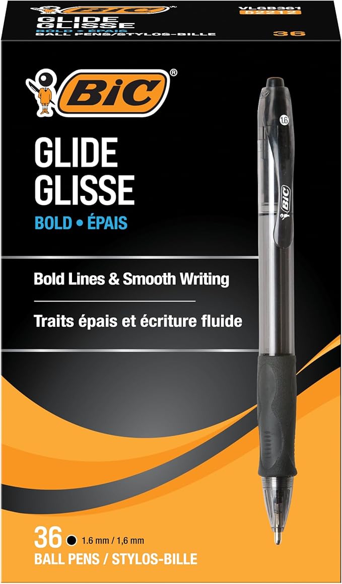 BIC Glide Bold Black Ballpoint Pens, Bold Point (1.6mm), 36-Count Pack, Retractable Ballpoint Pens With Comfortable Full Grip