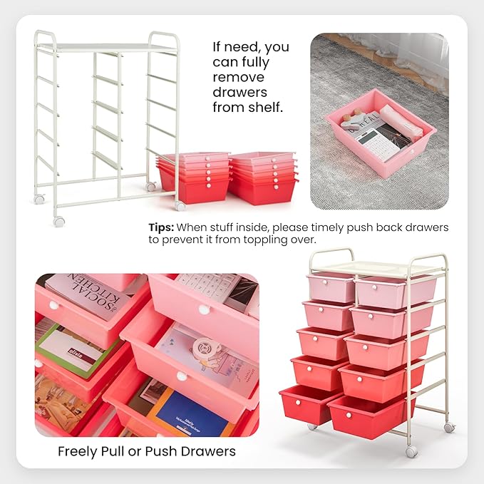 GLACER 10 Drawer Rolling Cart, Storage Cart with Lockable Whieels & Metal Frame, Trolley for Art Craft Oganizer, Mobile Utility Cart for Office, School, Classroom, Kitchen (Pink Gradient)
