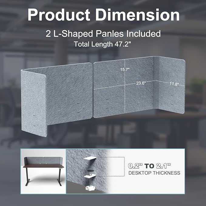ERGO COLLECT Desk Privacy Panel,2PCS L-Shaped Clamp-On Office Desk Divider,2-in-1 Adjustable Acoustic Desktop Partition Or Under Desk Modesty Screen,for Office,Home,Felt (Grey, 47.2" x 15.7")