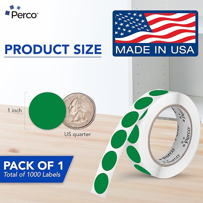 Perco Green 1-Inch Round Circle Dot Sticker Labels with Easy Peel Perforation - 1,000 Labels per Roll - Strong Adhesion, Vibrant Colors for Organizing, Crafting & More - Made in USA