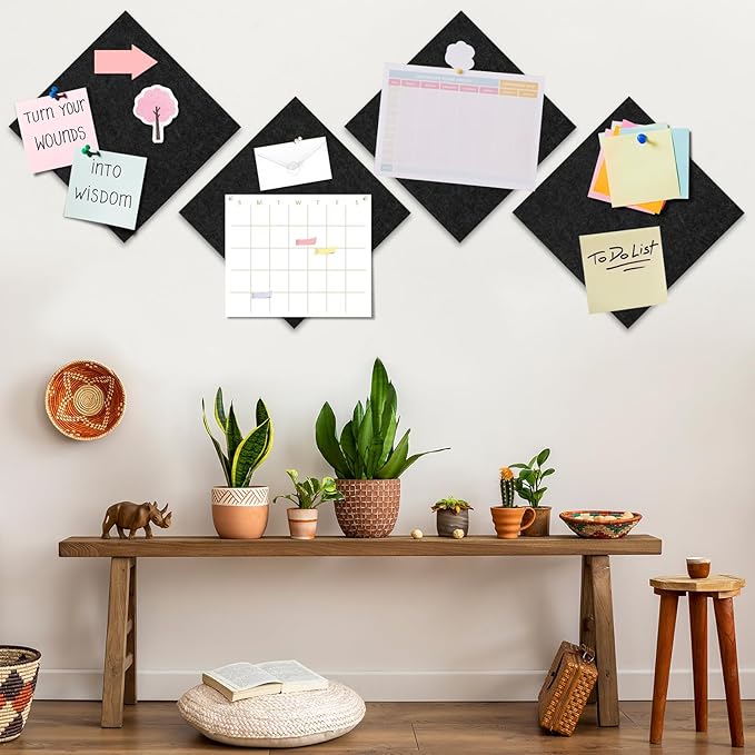 Bouiexye Felt Cork Board Tiles 6 Pack Black Bulletin Boards 12"x12" - 1/2" Thick Corkboards for Wall Bulletin Board Self Adhesive with 100 Push Pins for Wall School Home Office
