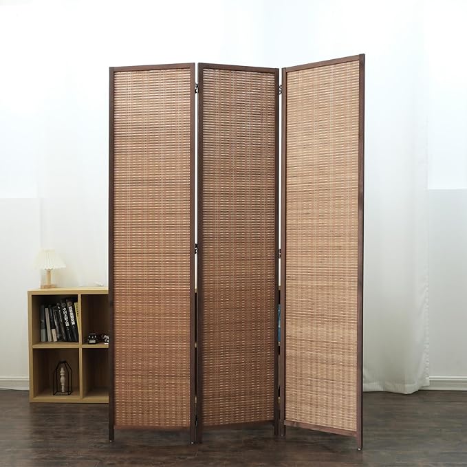 Furnnylane 3 Panel Bamboo Room Divider and Folding Panel Screen,Bamboo Panel Divider for Room Separation,Brown,67" H x 46" W