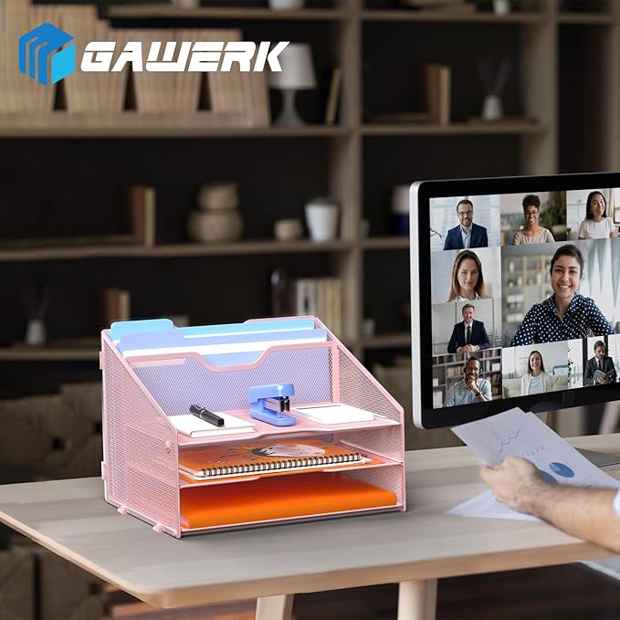GAWERK Letter Tray Organizer, Mesh Desk File Organizer with 3 Paper Trays and 2 Vertical Upright Section (Pink)