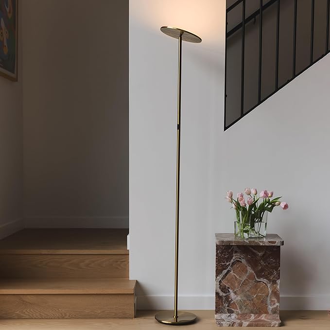 Brightech Sky LED Floor lamp, Torchiere Super Bright Floor Lamp for Living Room Decor & Office - Dimmable, Tall Standing Torch Lamp with Warm Light for Bedroom & Reading - Gold Brass