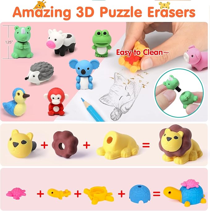 Moosia 34 Pack Animal Pencil Erasers for Kids, 3D Mini Puzzle Take Apart Erasers, Desk Pets & Treasure Box Toys, Bulk Party Favors, Classroom Prizes, School Supplies, Gift for Boys & Girls