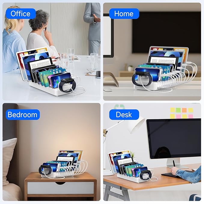 285W Charging Station for Multiple Devices, 10 Ports Fast Multi-Device Charger Organizer Compatible with MacBook Pro Laptop, iPhone, Android, Ipad, Tablet, Kindle, Family Multi-Device Charging Dock