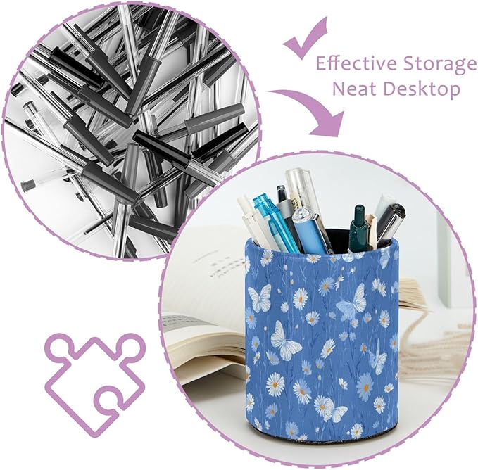 Leather Pen Holder for Desk Blue Butterfly Daisy Pencil Cup Desktop Organizer Makeup Brush Holders Office Supplies for Home, Kids & School