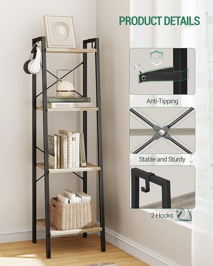 Hzuaneri Ladder Shelf, Bookshelf Bookcase, Freestanding Corner Storage Shelve with 2 Hooks for Home Office, Living Room, Kitchen, Bedroom, Industrial, 11.8" D x 13.4" W x 47.2" H, Greige BC13205B