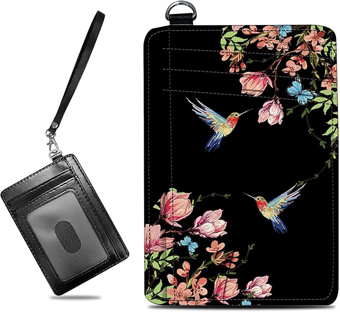 BWEGRHE Small Travel Wallets, Hummingbird Floral Sakura Slim Minimalist Front Pocket Wallet with Wristlet, RFID Blocking PU Leather Credit Card Holder with ID Window Change Purse for Men Women