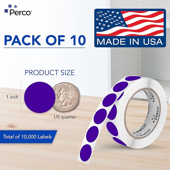 Perco Purple 1-Inch Perforated Circle Dot Sticker Labels — 10 Rolls, 10,000 Round Stickers — with Permanent Adhesive for Inventory Management, Color Coding, Garage Sales, Crafts—Made in USA