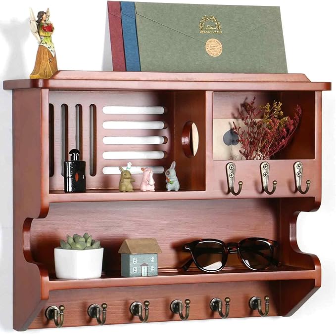 Mutsault Key Holder for Wall, Mail and Key Holder for Home Decor, Key and Mail Holder for Wall with Key Hooks, Auburn