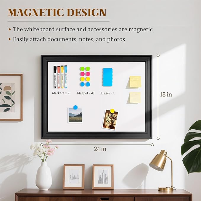 White Board for Wall, 24'' x 18'' Magnetic Dry Erase Board, Decorative Black Vintage Wooden Frame Whiteboard for Home Office School Dorm Kitchen