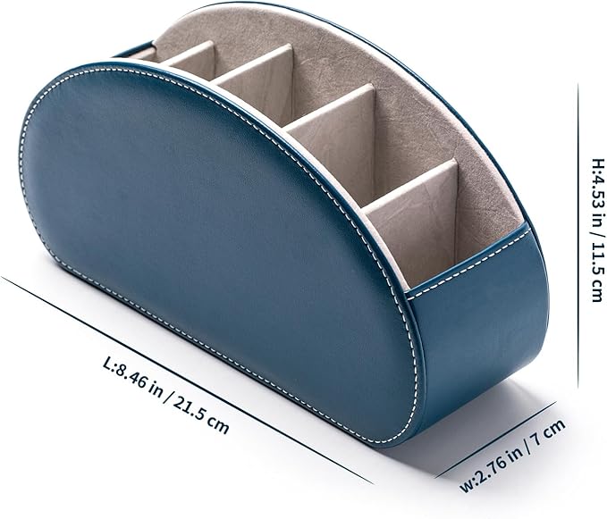 Remote Control Holders Organizer Box with 5 Compartment PU Leather Multi-functional Office Desk Storage Caddy Store Tv Remote for Media Player,Brush,Pencil,Glassees&Office Supplies (Peacock Blue)