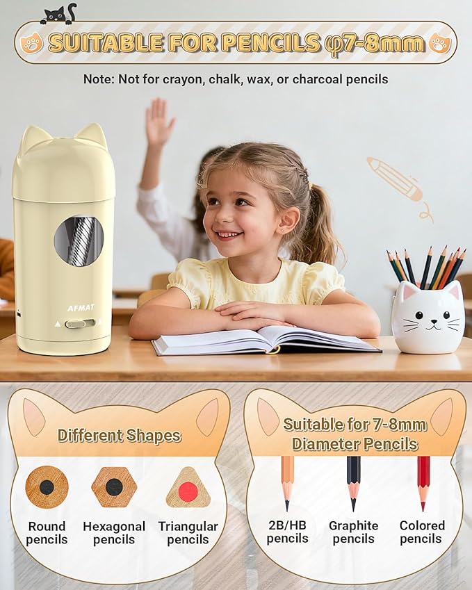 AFMAT Electric Pencil Sharpener, Colored Pencil Sharpener for φ7-8mm Pencils, Auto in & Out, Rechargeable & Cordless, Fully Automatic Hands-Free Pencil Sharpeners for Classroom Home Office PSX9