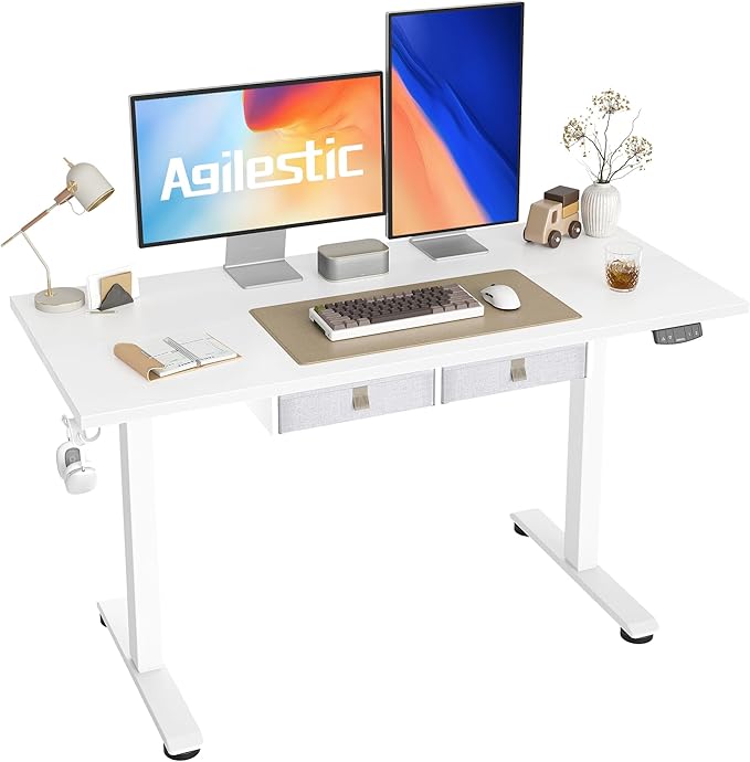 Agilestic Standing Desk with 2 Drawers, Adjustable Height Electric Desk with Storage, 55 x 24 Inches Sit Stand Up Computer Table, White