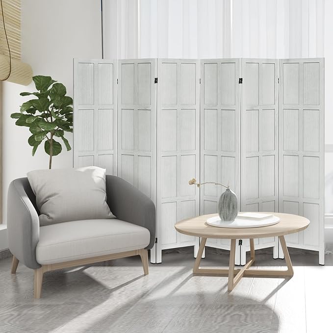 Leesinwing Wood Room Divider 6 Panel Folding Privacy Screen, Classic 5.6Ft Indoor Wooden Partition, Portable Partition Wall Divider for Room Separation, Home, Office, Bedroom, Restaurant (White)