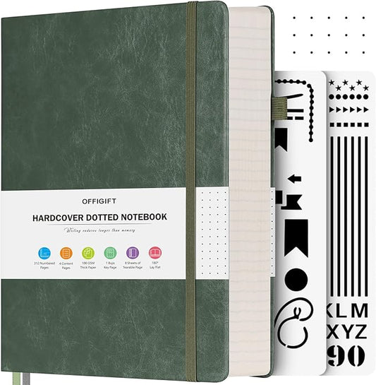 OFFIGIFT Bullet Dotted Journal Notebook, 312 Numbered Pages A5 Hardcover Leather Journal, 100gsm No Bleed Paper Dot Grid Notebook with Index Pages, Dot Journal for Women Men, 5.75" x 8.38", Green