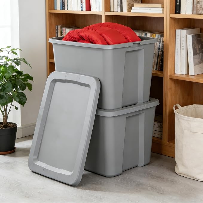(4 pack) 18 Gallon Plastic Storage Bin with Snap-On Lid, Gray - Durable Stackable Container for Home, Garage & Office Organization