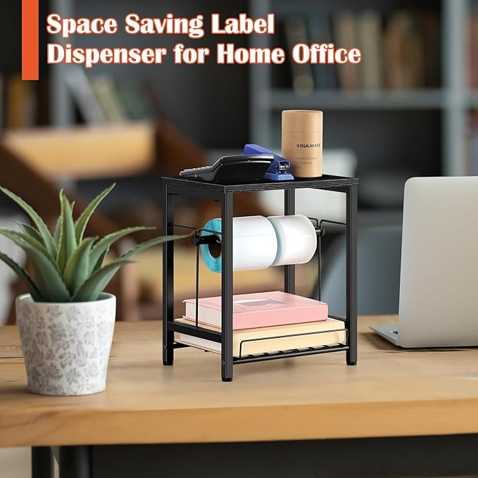 smusei Label Holder for Rolls and Fan-Fold Labels, Wooden Thermal Printer Sticker Stand Shipping Label Holder with Basket, Black Label Roll Holder Dispenser for Home, Office, Small Business