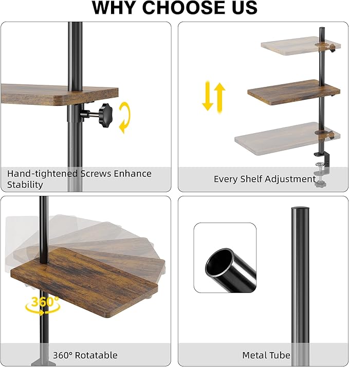 ART-GIFTREE 3 Tiers Clamp On Desk Shelf, 360¡ã Angle Adjustable Desktop Shelf Organizer for Home Office Gaming Room, No Drill Desk Extender Adapt to 0.4-2.16 inches Table Thick, Black Brown