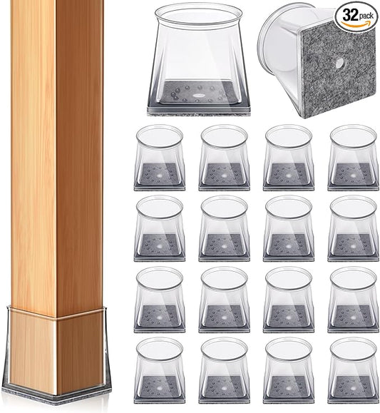32 Pcs Square Chair Leg Floor Protectors, Clear Silicone Chair Leg Caps Covers Sliders for Hardwood & Tile Floors, Stay-On Tight Fit Design, Scratch-Free & Noise Reduction (S Fits: 3/4" to 1-1/16")