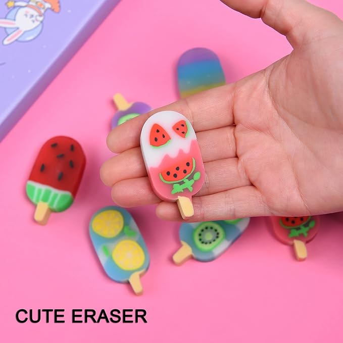 DOMG 16 Pcs Cute Fruit Shaped Ice Cream Erasers for Kids - Fun Food Erasers for Classroom Rewards & Party Favors