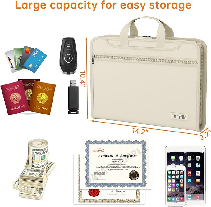 5200℉ Fireproof Accordion File Organizer with Lock, Thickened Document Organizer 13 Pocket with Zipper & Labels, Important Document Organizer, Expanding File Folder with Handle for Letter A4 (Beige)