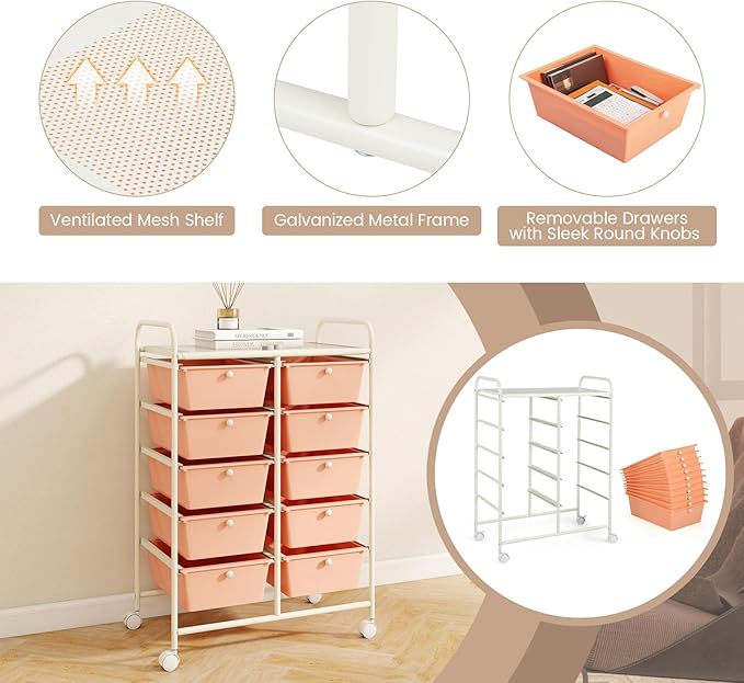 LDAILY 10 Drawer Rolling Cart, Storage Cart Organizer on Wheels, Drawer Cart with Metal Frame & Large Storage Capacity, Rolling Cart with Drawers for Living Room Classroom, Office